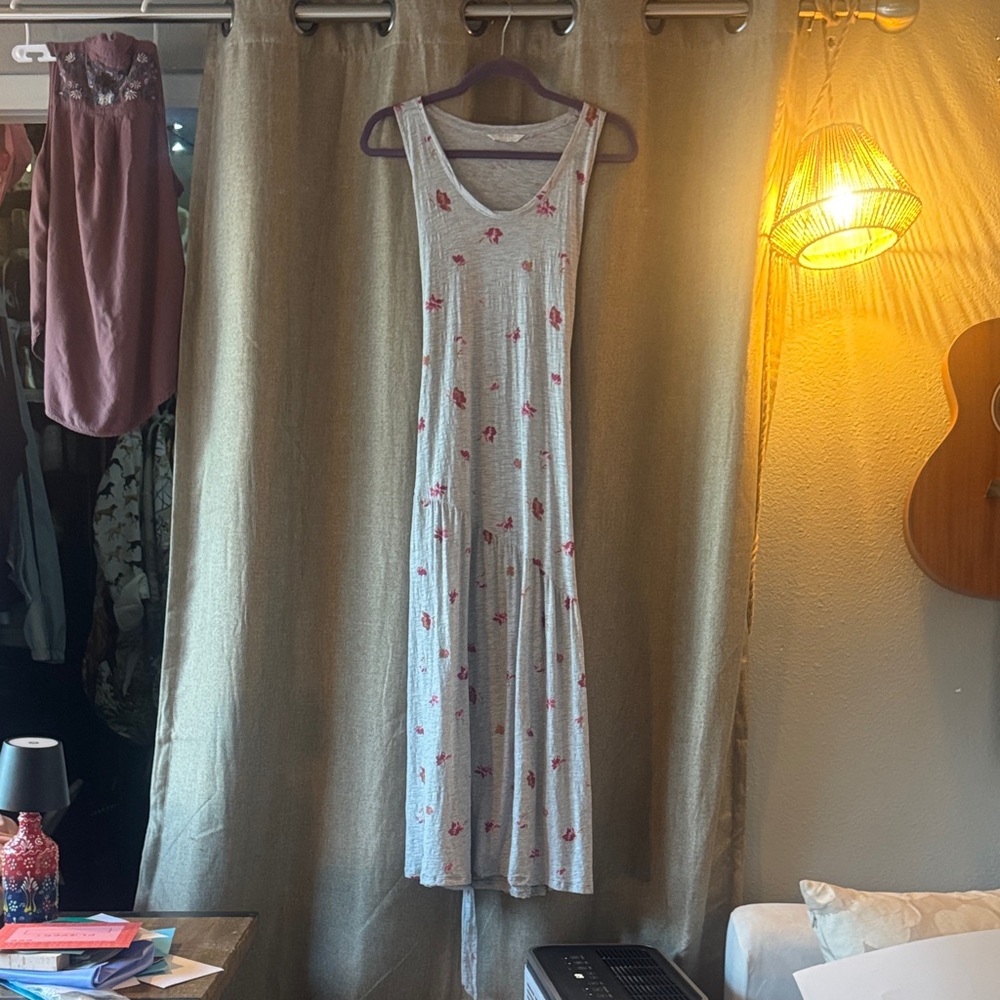 Lucky Brand Gray Maxi Dress with Red Floral Pattern